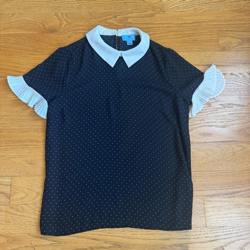 CeCe Black Blouse with White Polka Dots and Collar
